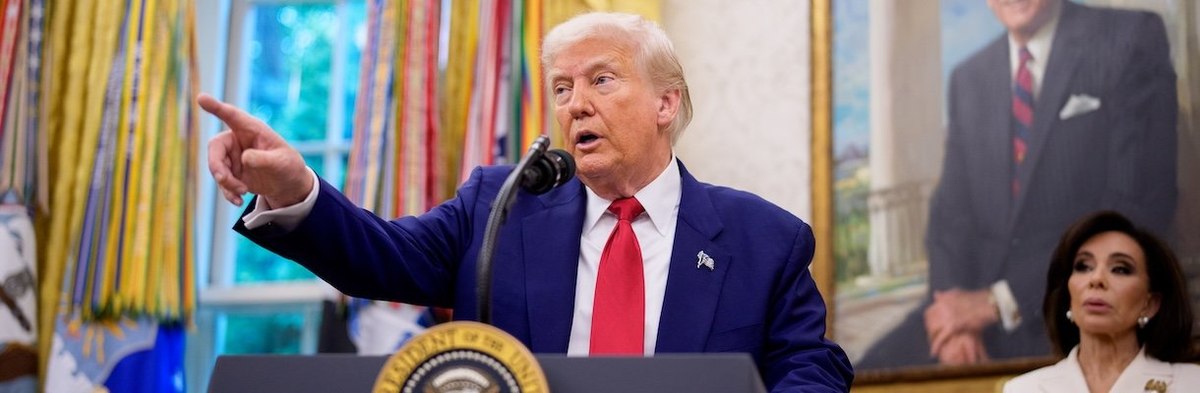WASHINGTON, DC - MAY 28: U.S. President Donald Trump takes a question during a swearing in ceremony for interim U.S. Attorney for Washington, D.C. Jeanine Pirro (R) in the Oval Office of the White House on May 28, 2025 in Washington, DC. Trump has announc