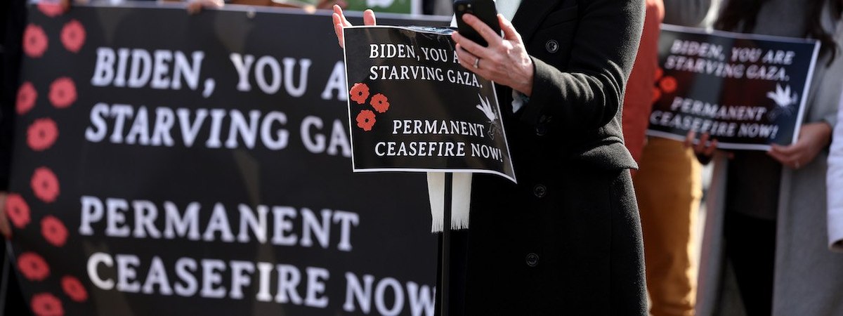 Actress Cynthia Nixon speaks as she announces a hunger strike calling for a ceasefire in Gaza outside the White House on November 27, 2023 in Washington, DC.