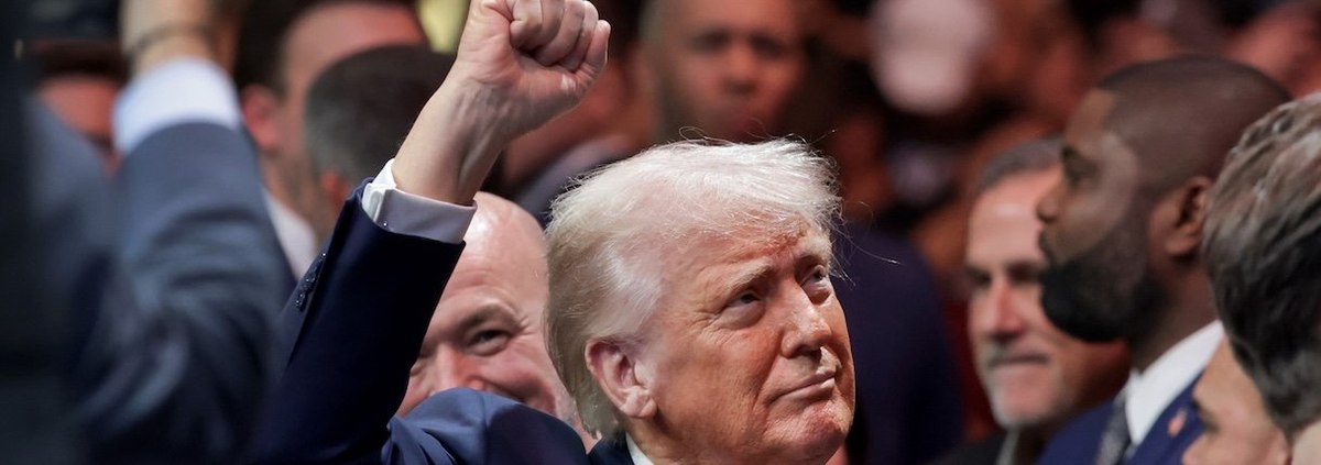 MIAMI, FLORIDA - APRIL 12: U.S. President Donald Trump prepares to watch the Ultimate Fighting Championship at the Kaseya Center on April 12, 2025 in Miami, Florida. The Trump administration issued a rule late Friday that spared smartphones, computers, se